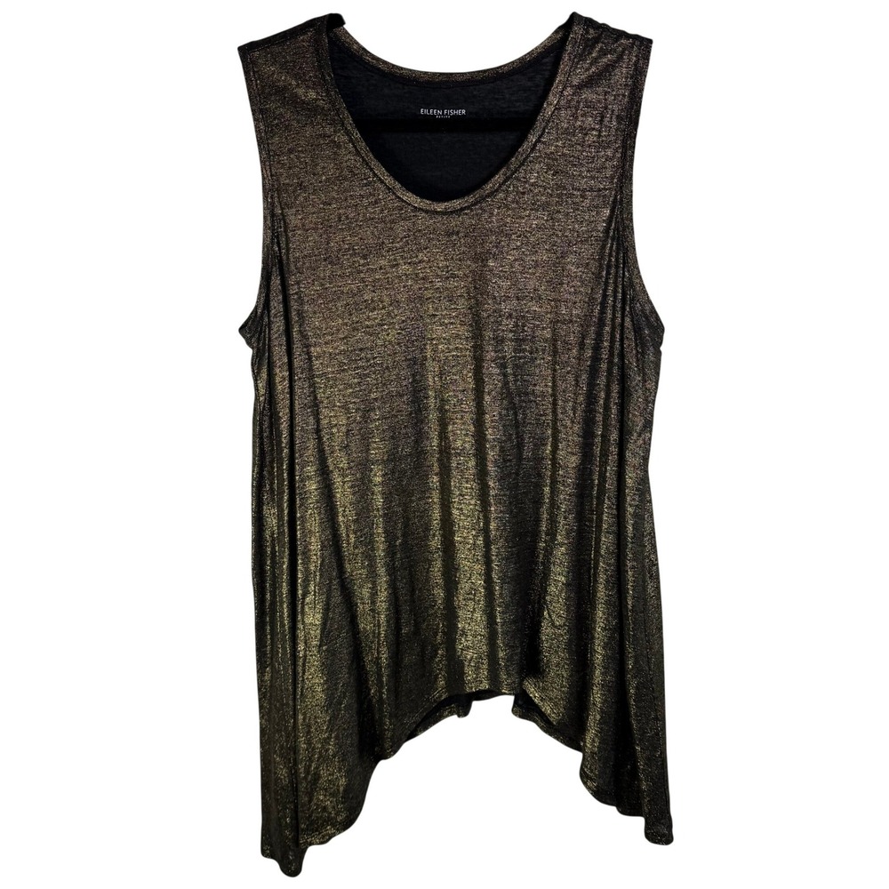 Eileen Fisher Petite Large Gold Metallic Organic Linen Asymmetrical Tunic Top